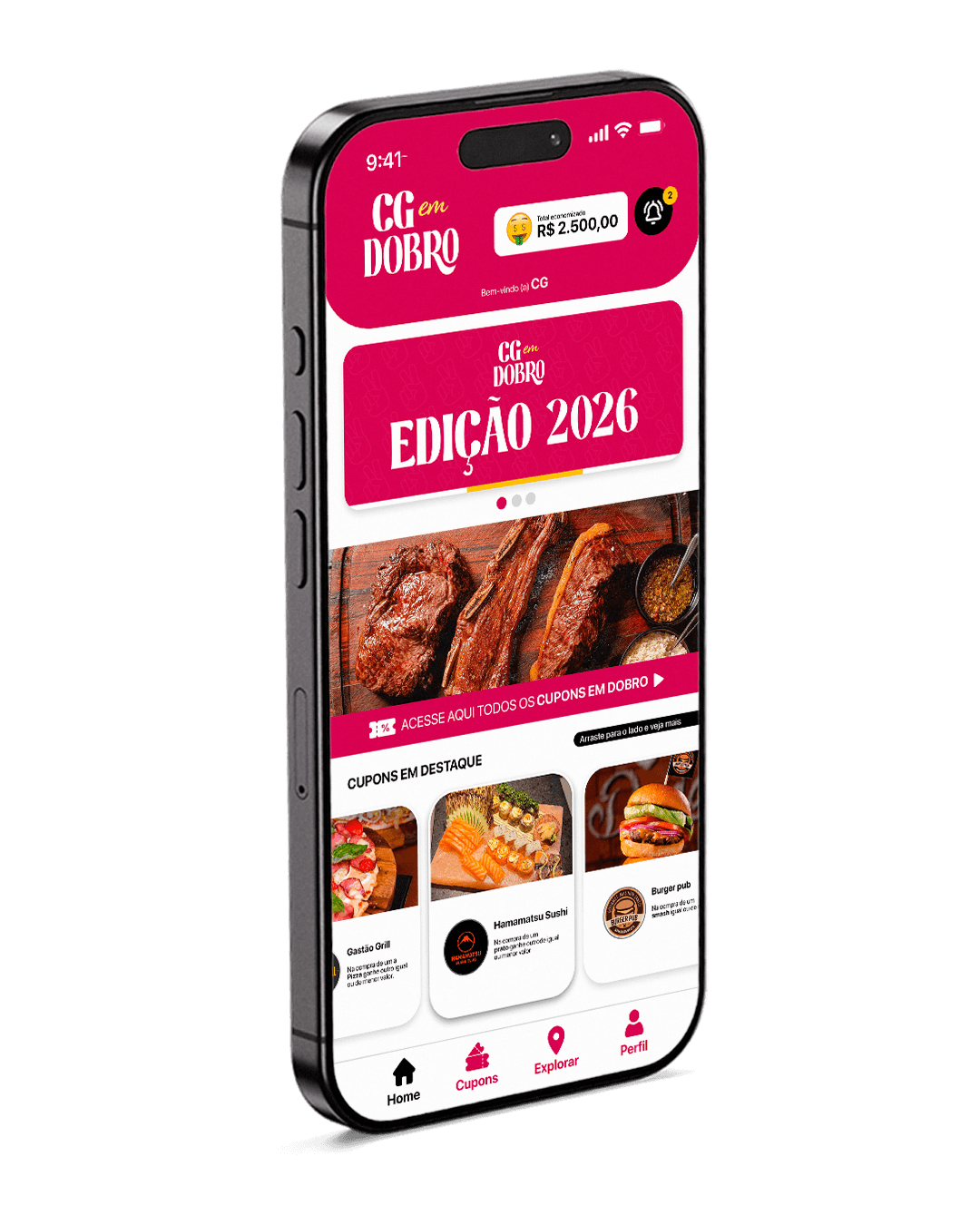 App CG em Dobro: tela inicial, mapa interativo e lista de cupons